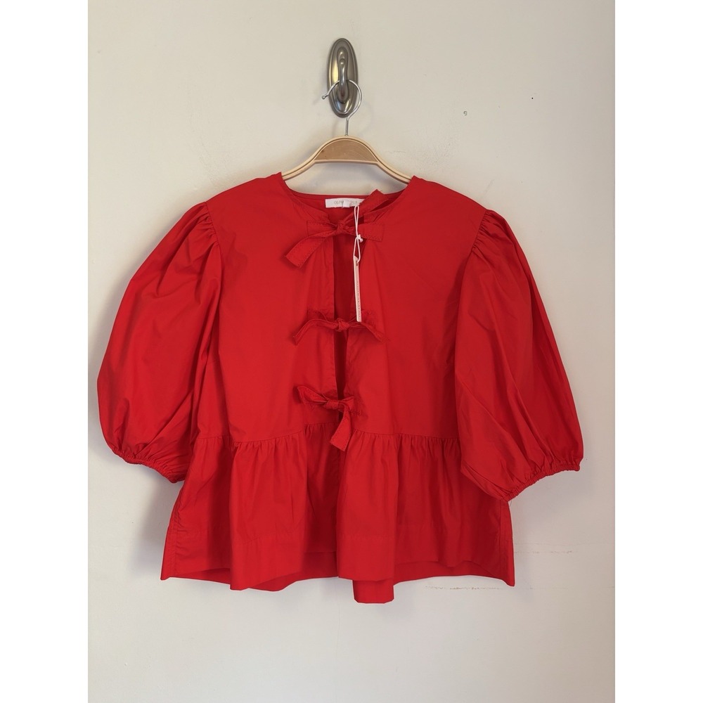 NEW Olivaceous Peplum Cropped Top Tie Puff Sleeve Red Preppy Large Romantic